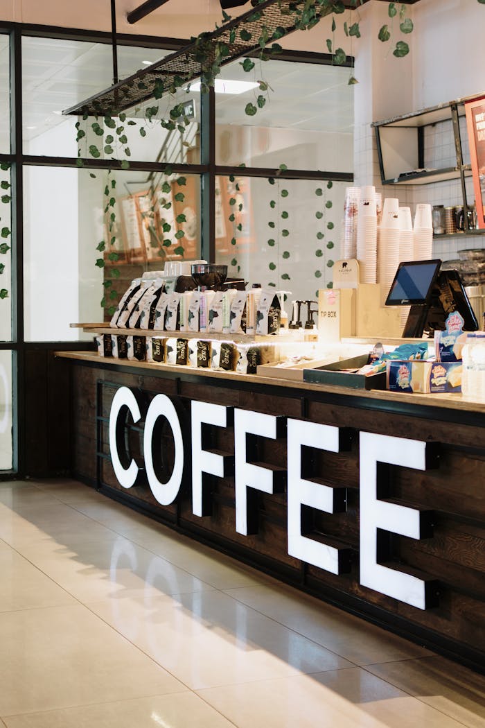 Inviting coffee shop counter with a modern design and attractive decor.